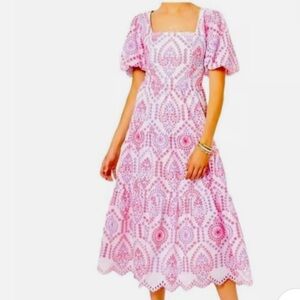 Lilly Pulitzer Pink Eyelet Midi Dress with Puff Sleeves